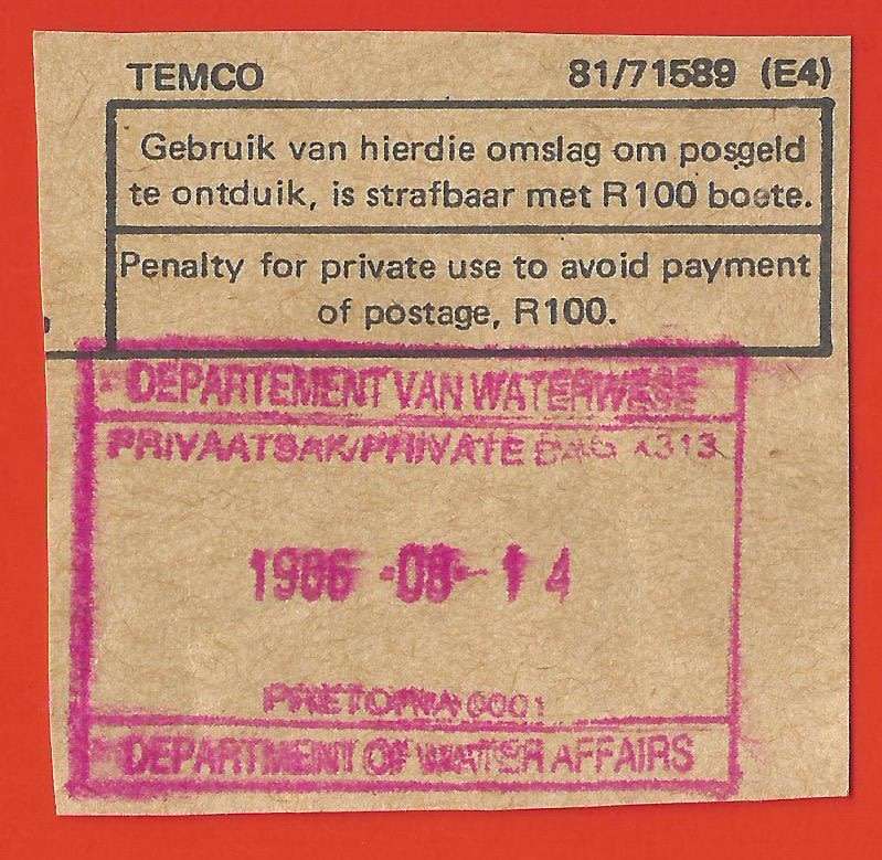 RSA-Cancel-Postmark-Post Mark-1986-Department of Water affairs-Pretoria