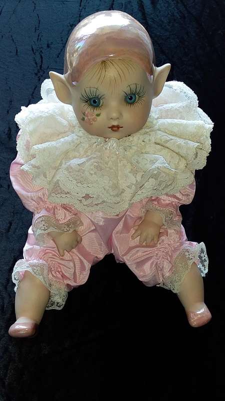 Kay McKee 1986 Pixie Doll. Pink. Very collectable Marked Bell Ceramics