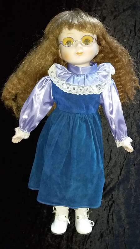 Collectors Doll with Glasses. Purple outfit. -Not Marked