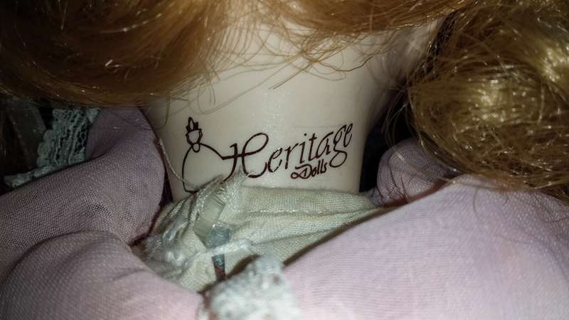 Collectors Doll- Marked- Heritage Dolls. Pink dress and white lace trim