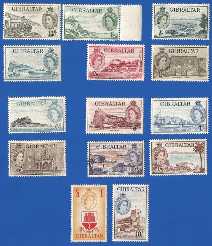 Gibraltar 1953 Queen Elizabeth II -MM-Thematic-Buildings-Transport-Boats-Gum adhestion 5/. 2/- used