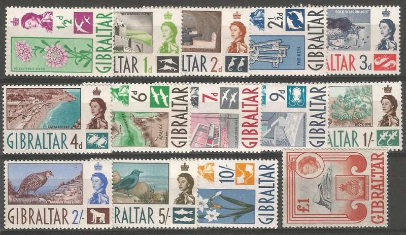 Gibraltar 1960 New Daily Stamps -M-Thematic-Buildings-Fauna-Flora-Birds 5/- gum disturbance