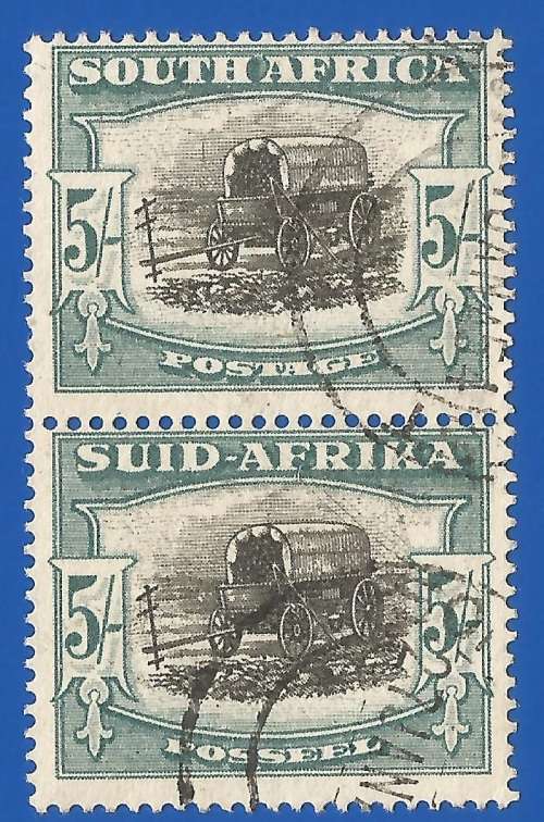 Union of South Africa SACC- Used- Pair- 5/- Thematic-Transport-Wagon Varity Ve Rain behind wagon