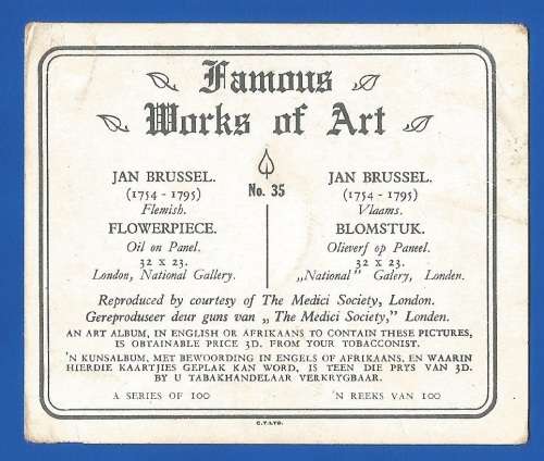 Vintage-Collectable-1xCigarette/Tobacco Card-Famous works of Art-No35-Jan Brussel-Flowerpiece