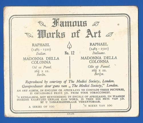 Vintage-Collectable-1xCigarette/Tobacco Card-Famous works of Art-No12-Madonna Della Colonna