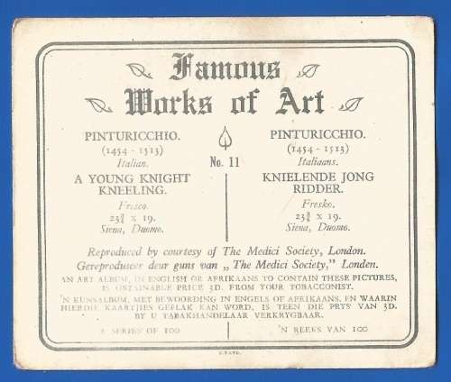 Vintage-Collectable-1xCigarette/Tobacco Card-Famous works of Art-No11-A Young Knight Kneeling