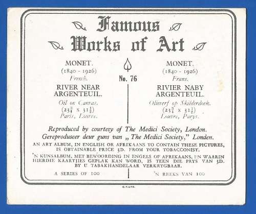 Vintage-Collectable-1xCigarette/Tobacco Card-Famous works of Art-No76- River Near Argenteuil