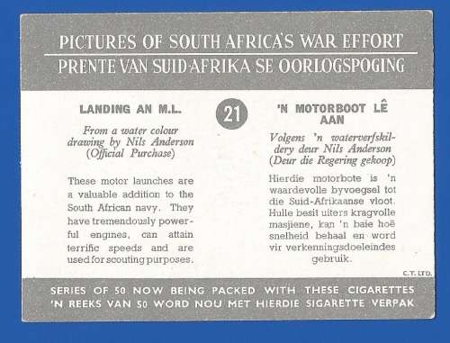 Vintage-Collectable-1xCigarette/Tobacco Card-Pictures of South Africa`s War Effort-No21-Landing M.L