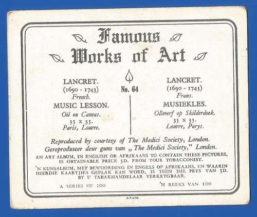Vintage-Collectable-1xCigarette/Tobacco Card-Famous Works Of Art-No64-Lancret-Music Lesson