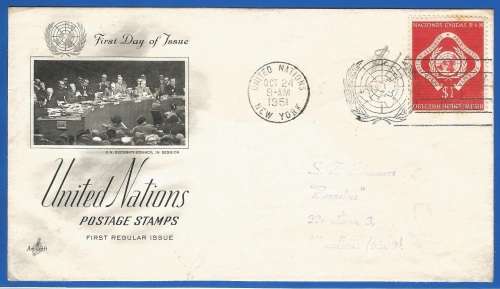 United Nations-FDC-1951 Postage Stamps -Used-Post Mark-New York-Collectable-Thematic-Symbol