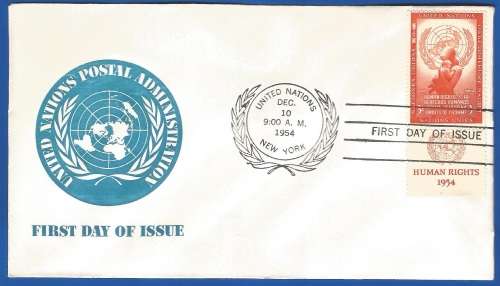 UN FDC 1954 Human Rights Day -Used-Post Mark-New York-Collectable-Thematic-Symbol