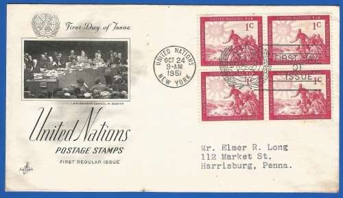 United Nations-FDC-1951 Postage Stamps -Used-Post Mark-New York-Collectable-Thematic-Symbol-History