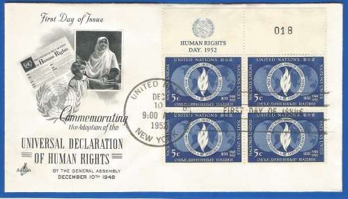 United Nations-FDC -1952 Human Rights Day Control Strip -Used-Post Mark-New York-Collectable