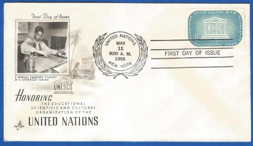 United Nations-FDC-1955 UNESCO -Used-Post Mark-New York-Collectable-Thematic-Symbol