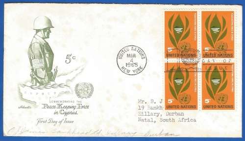 UN FDC 1965 Peace-keeping Force in Cyprus -Used-Post Mark-New York-Collectable-Thematic-Symbol
