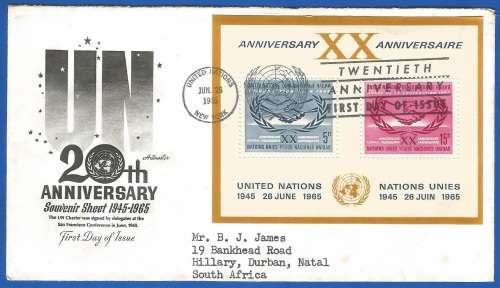 United Nations-FDC-M/S-1965 20th Anni of the UN -Used-Post Mark-New York-Collectable-Thematic-Symbol