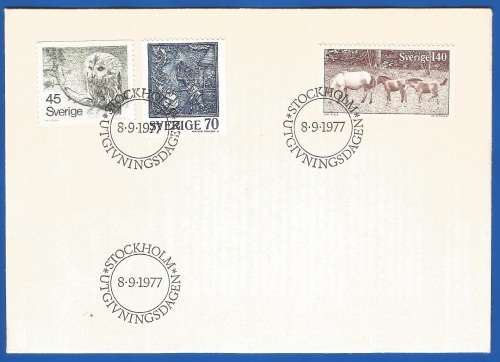 Sweden-FDC-1977 Tawny Owl, Forging Heart and Gotland Ponie-Used-Collectable-Thematic-Fauna-Art-Craft