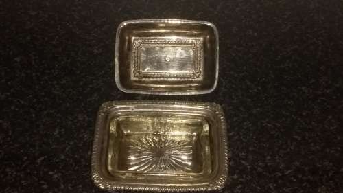Vintage-Collectable-Metal Dish with glass Butter pat dish -No Name-Marks and Rust noted