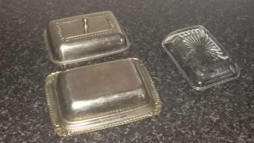 Vintage-Collectable-Metal Dish with glass Butter pat dish -No Name-Marks and Rust noted
