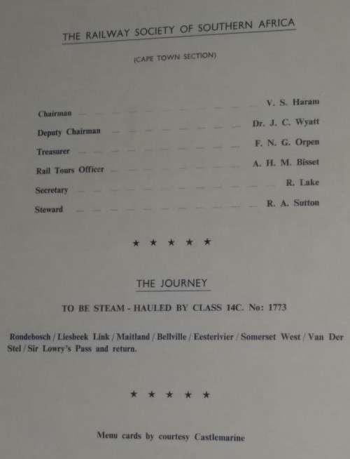 The Railway Society of Southern Africa-Menu Card By Courtesy Castlemarine-1969