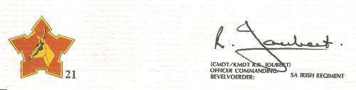 RSA-S A Army-FDC-Cover-No21-Signed-S A Irish Regiment-No1148of3000-Thematic-Army-Military