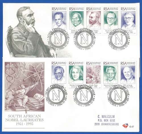 RSA-South African Nobel Laureates-SACC6.46 + 6.47-1996-FDC-Cover-Addressed-Thematic-Famous People