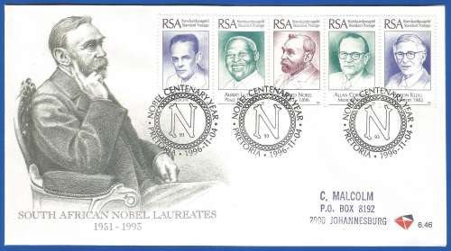 RSA-South African Nobel Laureates-SACC6.46 + 6.47-1996-FDC-Cover-Addressed-Thematic-Famous People
