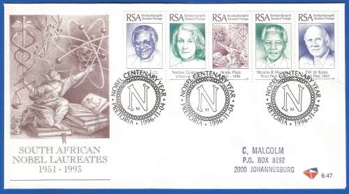 RSA-South African Nobel Laureates-SACC6.46 + 6.47-1996-FDC-Cover-Addressed-Thematic-Famous People