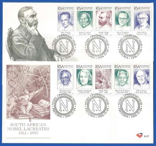 RSA-South African Nobel Laureates-SACC6.46 + 6.47-1996-FDC-Cover-Thematic-Famous People