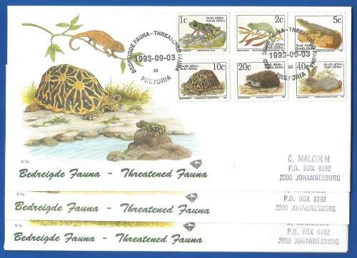 RSA-Sixth Definitive Series-Endangered Fauna-SACC6.1a/b/c-Addressed-1993-FDC-Cover-Thematic-Fauna