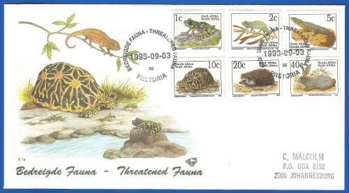 RSA-Sixth Definitive Series-Endangered Fauna-SACC6.1a/b/c-Addressed-1993-FDC-Cover-Thematic-Fauna