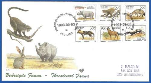 RSA-Sixth Definitive Series-Endangered Fauna-SACC6.1a/b/c-Addressed-1993-FDC-Cover-Thematic-Fauna