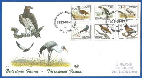 RSA-Sixth Definitive Series-Endangered Fauna-SACC6.1a/b/c-Addressed-1993-FDC-Cover-Thematic-Fauna