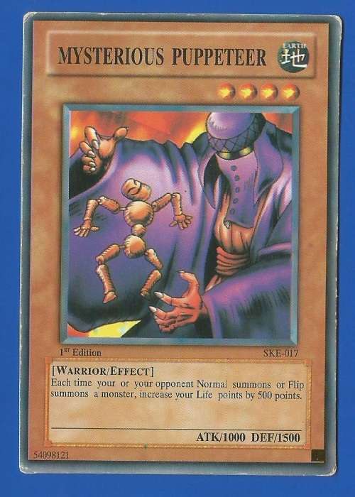 YU-GI-OH-Trading Card Game-Konami-1st Edition-Mysterious Puppeteer-ATK-1000-DEF-1500