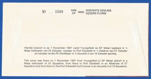 South African Air Force-FDC-No31-1987-No 3589 of 6000-Thematic-Military-Plane-Air Force