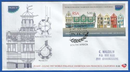 RSA-FDC-1997-SACC 6.58-World Philatelic Exhibition San Francisco-Addressed-Thematic-Buildings
