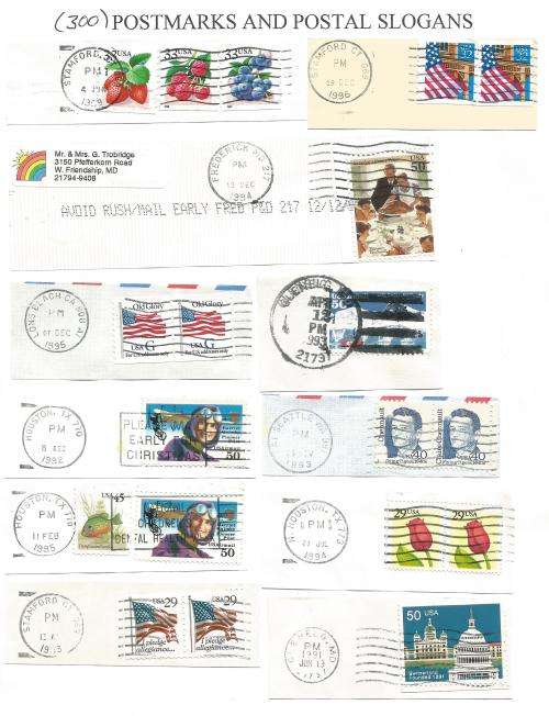 USA-Bulklot-Used-Postmarks-Slogans-Cancel-Thematic-Flora-Flags-Famous People-Fruit