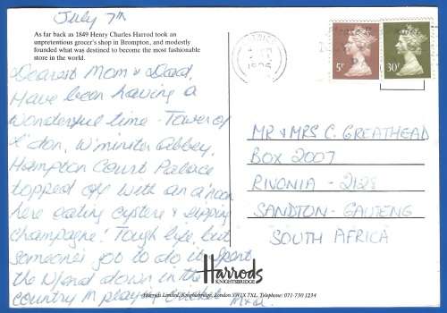 PostCard-Post Card-England Stamps Used-Harrods LTD-KnightsBridge-London-Thematic-Places of Interest