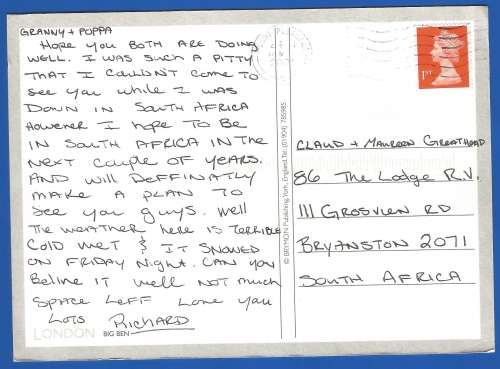 PostCard-Post Card-England Stamp Used-Big Ben-London-Thematic-Places of Interest