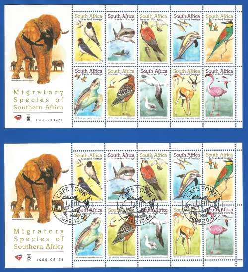RSA-Sheetlets-MNH/CTO-1999-SACC1235-1244-Migratory Species of Southern Africa-Thematic-Fauna-Birds