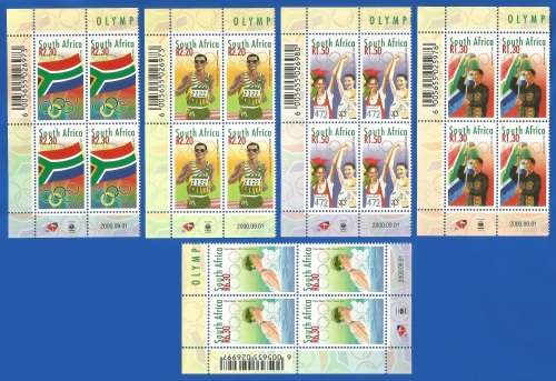 RSA-2000-MNH-Blocks of 4 stamps-SACC1280-1284-Olympic Games 2000-Thematic-Sport-Olympic Games