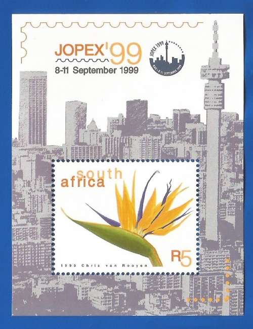 RSA-1999-MNH-M/S-SACC1233-Johannesburg Stamp Exhibition JOPEX 1999-Thematic-Flora-Buildings