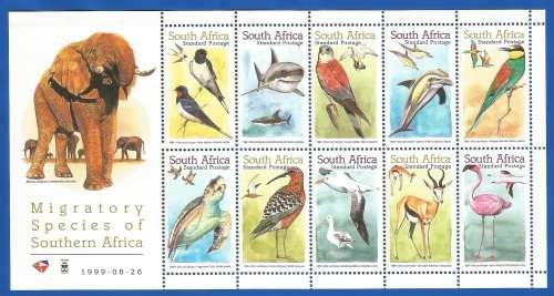 RSA-1999-MNH-Sheetlet-SACC1245-Migratory Species of Southern Africa-Thematic-Fauna-Birds