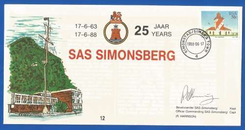 RSA-SA Navy-1988-FDC-Cover No12-No 469/5000-SAS Simonsberg-Signed-Thematic-Buildings-Navy
