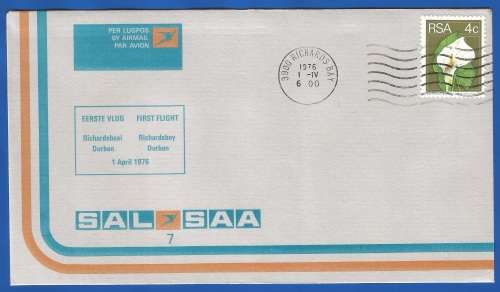 RSA-SAA-FDC-Cover-No7-1976-First Flight-Richardsbay to Durban-Thematic-Airways-Flora