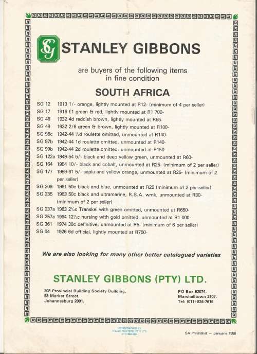 The SA Philatelist Magazine-Jan-1986-Vol 62 No1- Pg1-28(Magazine was folded in Half)