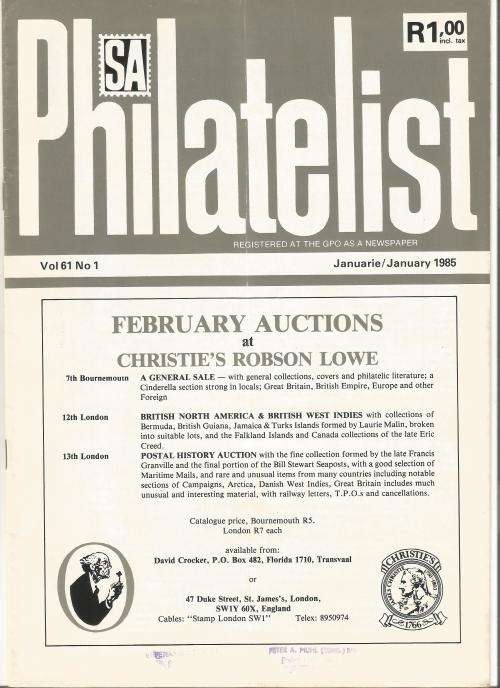 SA Philatelist Magazine-Jan-1985-Vol 61 No1- Pg1-28(Magazine was folded in half)