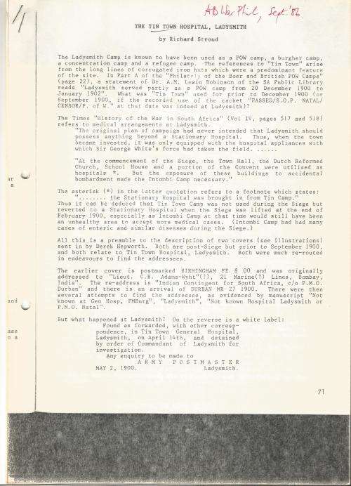 Reference Material-Philately-Boer War. The Tin Town Hospital-7xPages-ENG-History-Photocopies