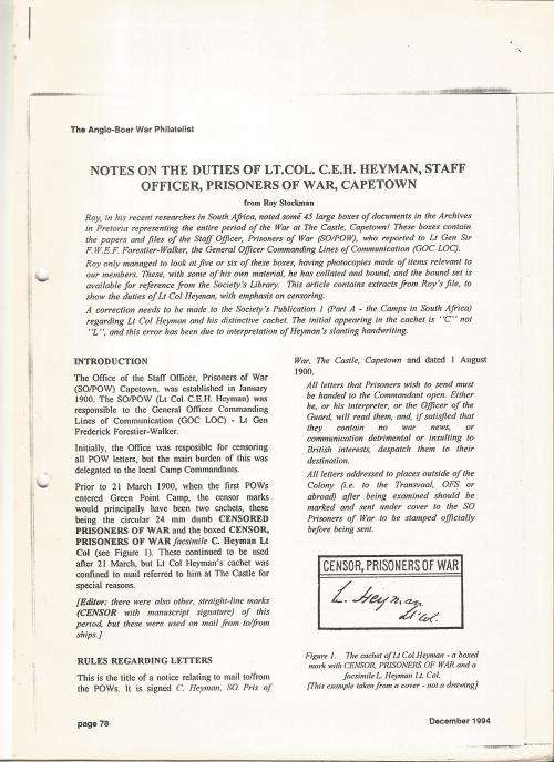 Reference Material-Philately-The Anglo Boer War-LT.COL C.E.H Heyman-7xPages-ENG-History-Photocopies