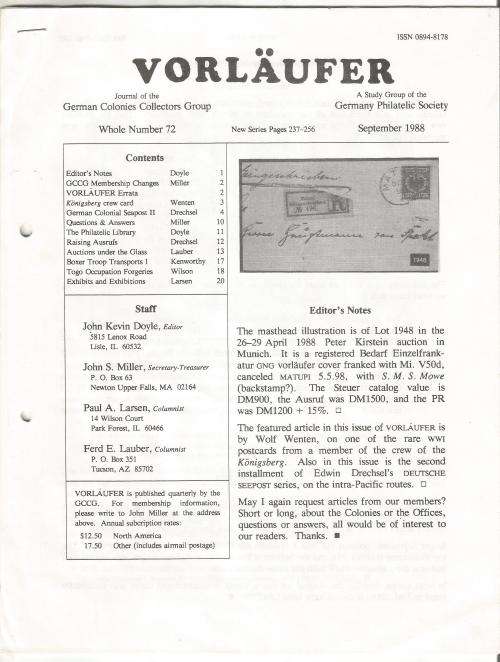 VORLAUFER Magazine/Journal-German Colonies Collectors Group-September 1988-Pg72.1-72.20